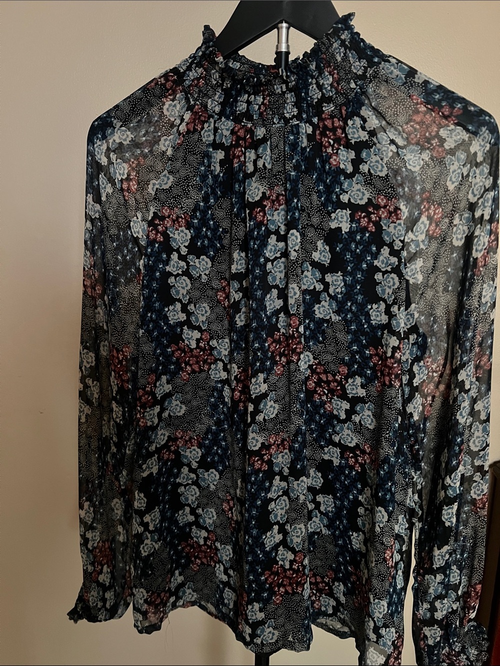 ICHI Floral Print Blouse in Black, Navy & Dusty Blue